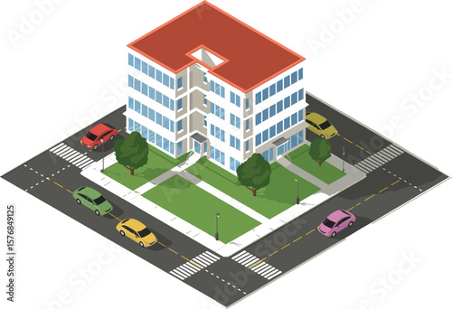 Isometric view of office building with red roof and cars on the surrounding streets