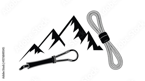 Black and white illustration of climbing gear including a carabiner and rope with mountains
