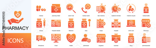 Pharmacy icon collection set. Containing medical, pharmacy folder, search rate, medical center, take medicine, medicine icon