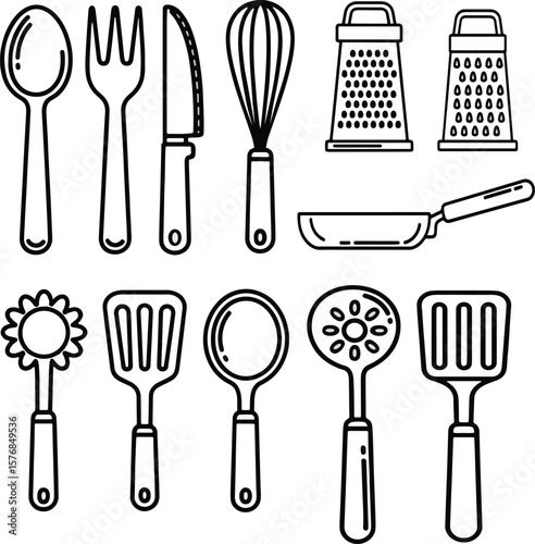 A clean and simple black and white line art illustration featuring a variety of essential kitchen utensils and tools. This set includes spoons, forks, knives, a whisk, graters, a frying pan