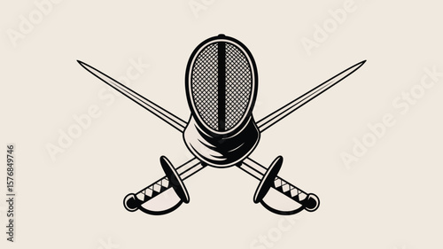 Fencing mask and crossed swords emblem for sport and competition
