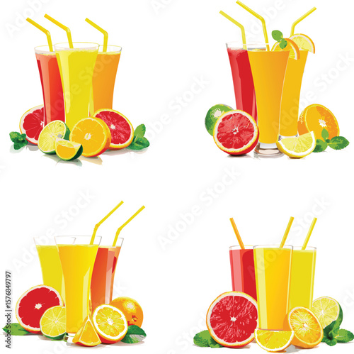 Refreshing glasses of fruit juice with citrus slices and mint leaves