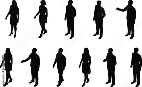 Aerial view of twelve silhouetted people standing on a white surface casting shadows