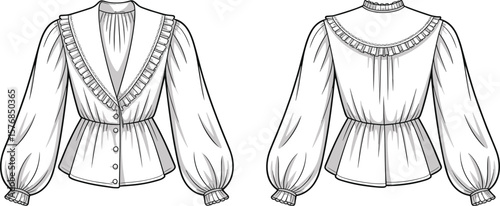 Flat vector CAD fashion drawing of a women’s ruffle blouse, long puff sleeve top, front back garment sketch, design illustration