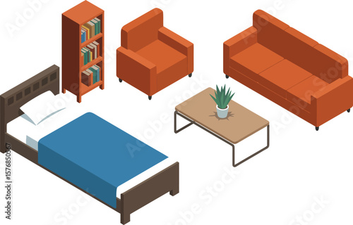 Isometric view of a bedroom with bed bookcase sofa armchair and coffee table plant