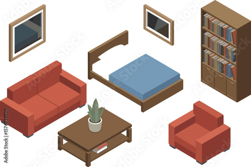 Isometric view of a furnished room with bed couch chair table and bookshelf art