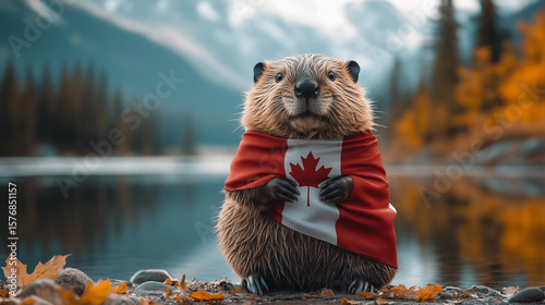 Cute beaver character wrapped in Canadian flag by a scenic mountain lake Canada Day concept