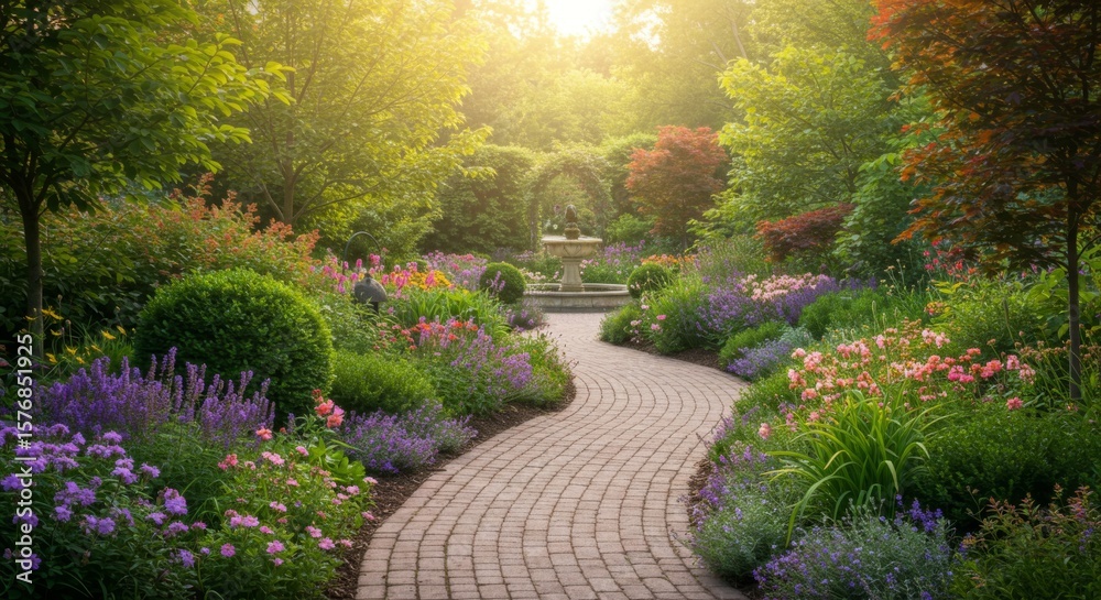 Obraz premium Sunlit Garden Path with Colorful Flowers and Lush Greenery