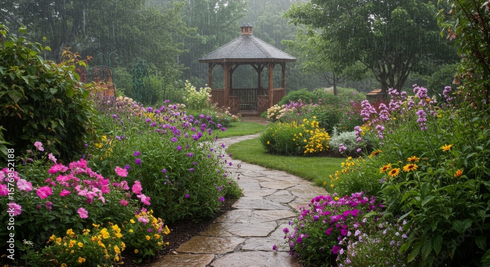 Naklejka premium Rain-Kissed Garden with Wooden Gazebo and Colorful Flowers