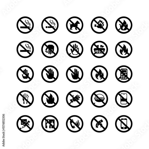 Vector art of collection of prohibition signs indicating various restrictions and warnings isolated on transparent background