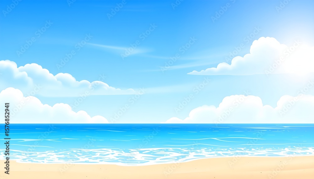 Fototapeta premium Serene Beach Illustration Visualize a Calm Ocean and Light Blue Sky for Relaxation