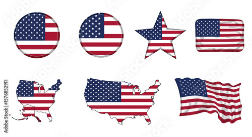 Diverse american flag representation in circle, star, rectangle and united states map