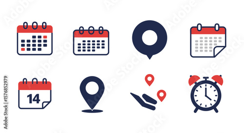 Essential appointment scheduling icons for planning, location tracking and time management