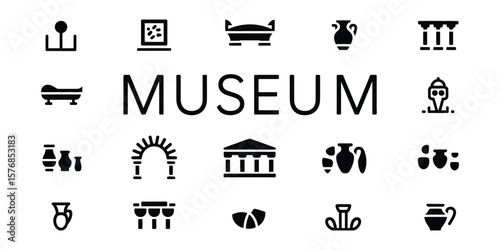 Black Museum Icons Collection with Urns, Pillars, Temple, Artifacts on White