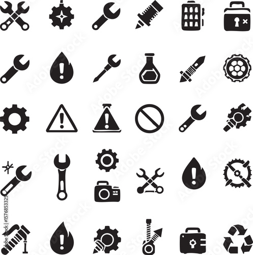 Vector art of a collection of icons featuring tools, mechanical parts, and warning symbols isolated on transparent background