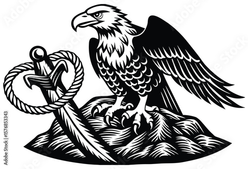 Bald eagle on rock with anchor and rope silhouette vector flat design illustration clipart