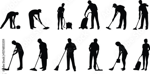 Cleaning staff silhouette vector set, janitor people icons, housekeeper figures, professional cleaner clipart, mop vacuum illustration, sanitation workers design