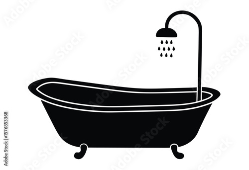 Minimalist Bath Tub and Shower Silhouette Vector Flat Design for Home and Spa