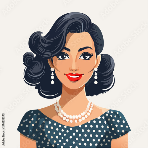 Vector art of a 1950s-inspired woman in a polka-dot dress with red lips and a styled updo�celebrating timeless femininity and the glamor of mid-century style