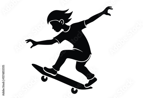 Boy Jumping Skateboard Silhouette Vector Flat Design Illustration Clipart