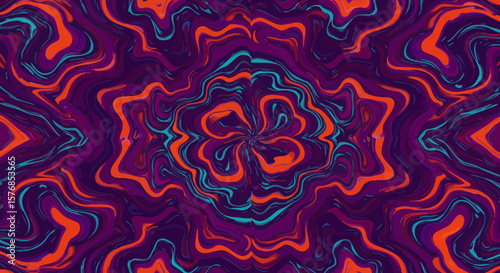 Vibrant psychedelic kaleidoscope design featuring swirling patterns and bold color palette