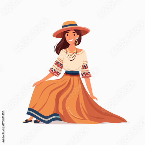 Artistic vector of a bohemian-inspired young woman with a flowing maxi skirt, intricate blouse prints, and layered jewelry for a relaxed, earthy fashion style