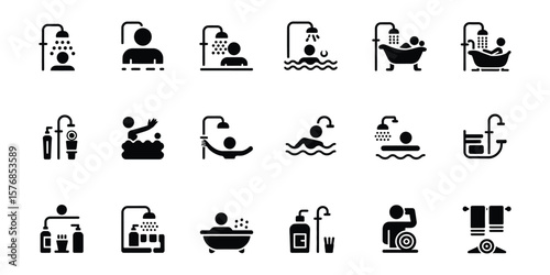 Black silhouette icons show diverse bathing activities on a transparent background