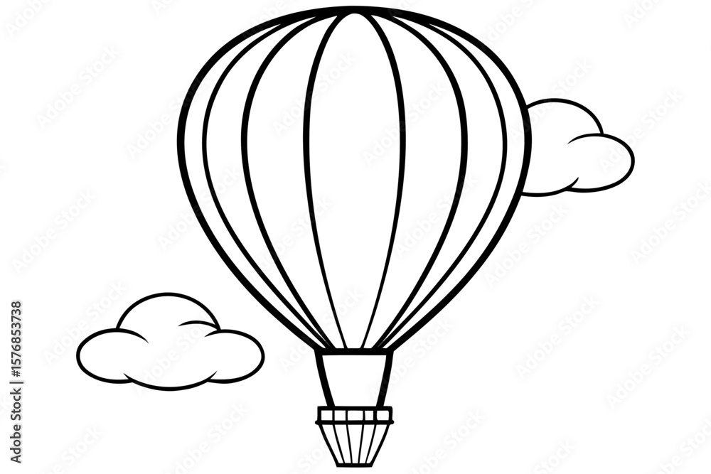 Obraz premium Black and White Illustration of Striped Hot Air Balloon Floating Between Clouds – Adventure, Travel, and Minimalist Airborne Concept 