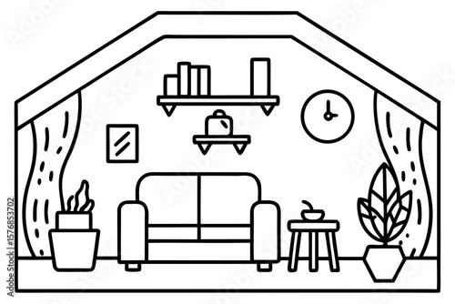 Black and White Illustration of Living Room with Sofa, Potted Plants, Shelves, and Clock Under Pitched Roof – Minimalist Home Decor and Indoor Comfort Concept
