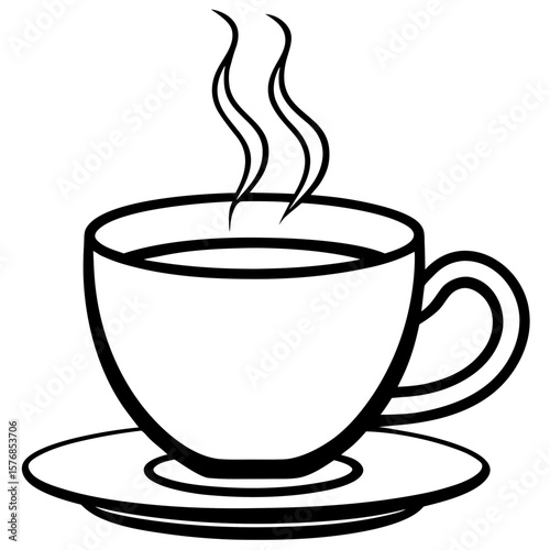 Black and White Illustration of Steaming Coffee Cup on Saucer – Minimalist Hot Beverage and Cozy Morning Concept
