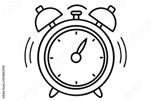 Black and White Illustration of Ringing Alarm Clock Showing 10:10 – Time Management and Early Morning Routine Concept
