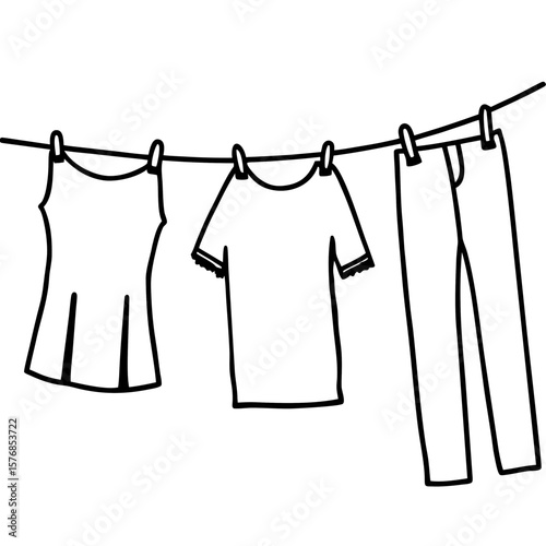 Black and White Illustration of Clothes Hanging on Line with Dress, Shirt, and Pants – Minimalist Laundry Scene and Casual Lifestyle Concept
