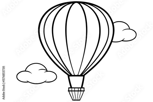 Black and White Illustration of Striped Hot Air Balloon Floating Between Clouds – Adventure, Travel, and Minimalist Airborne Concept
