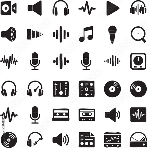 Vector art of set of audio and music related icons on a transparent background