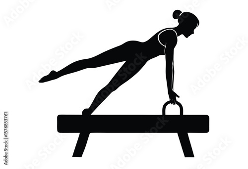 Gymnast Exercise Silhouette Vector of Pommel Horse Female Athlete in Flat Design Style
