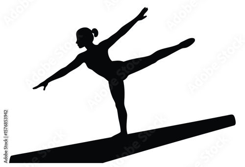 Girl Gymnast on Balance Beam Silhouette Vector Flat Design Illustration