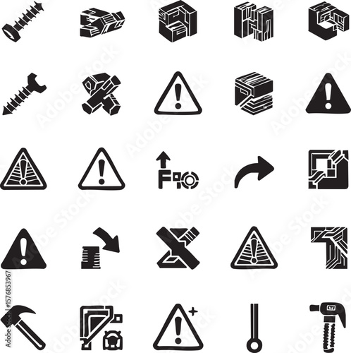 Vector art of set of construction and warning icons isolated on transparent background