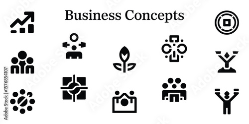Business Concepts Collection of Black Pictogram Style Icons on a Transparent Background