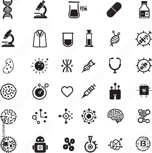 Vector art of scientific and medical icons including dna and lab equipment isolated on transparent background
