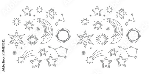 Celestial Outlines Moon, Sun, Stars, Constellation, and Shooting Star on White