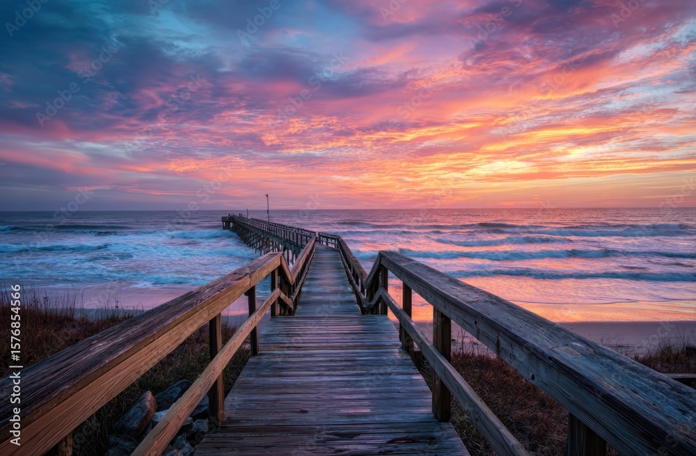 Fototapeta premium A long wooden bridge extends into the sea at sunset, symbolizing hope and future possibilities