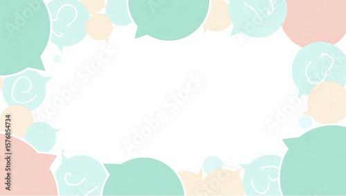A frame of colorful speech bubbles surrounds a blank white space, creating a visual border.