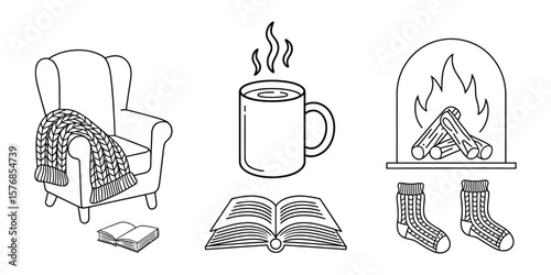 Cozy Outline Armchair, Blanket, Mug, Book, Fireplace, Socks, Transparent