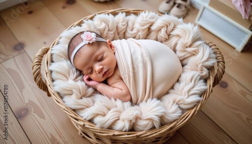 newborn baby girl sleeping in a round wicker basket lined with thick faux fur