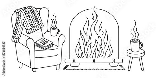 Cozy Room Fireplace with Armchair, Book, Hot Cocoa, Knitted Sweater Line Art