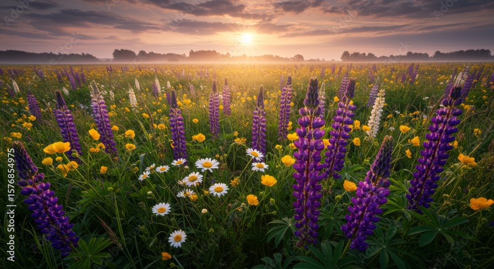 Naklejka premium Vibrant Wildflower Meadow at Sunrise