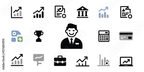Black Silhouette Businessman Icon with Charts, Calculator and Trophy Icons Set
