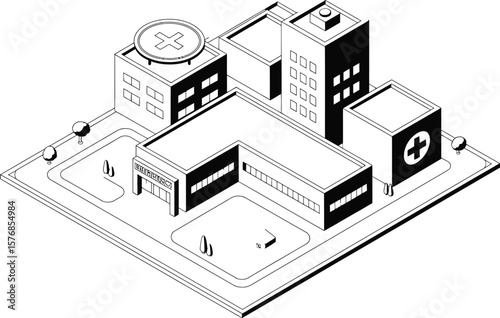 Isometric black and white illustration of a hospital with emergency entrance car