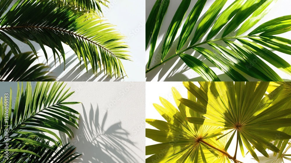 Fototapeta premium Tropical leaves collage against white walls, dappled light