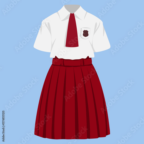 Indonesian Elementary School Girl Uniform Illustration, Red Skirt and White Shirt on blue background